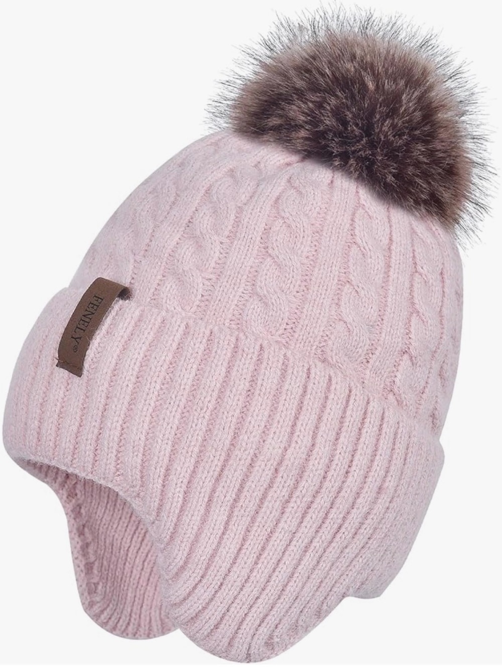 Women’s Blush Cable-Knit Pom Pom Earflap Hat